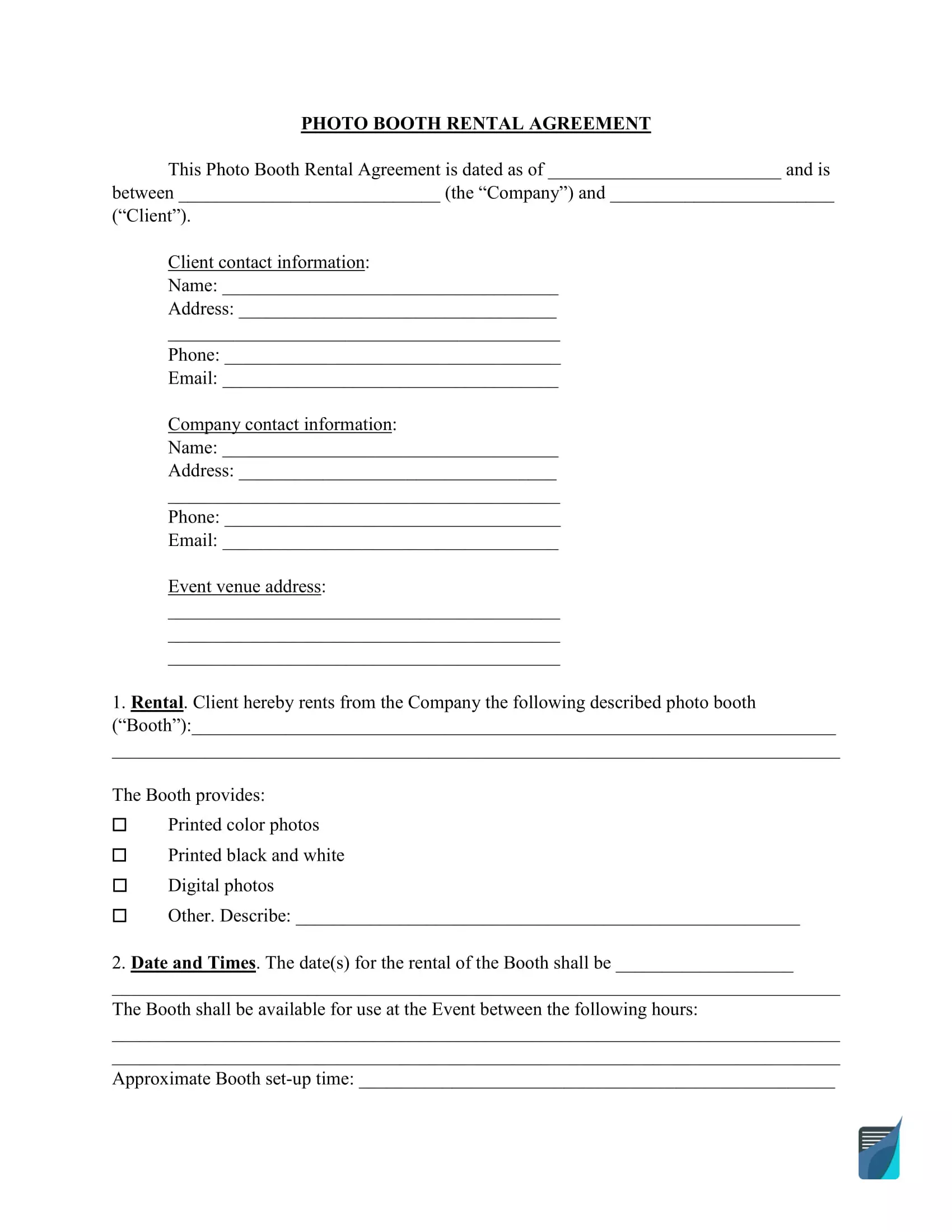 Photo Booth Rental Agreement Form