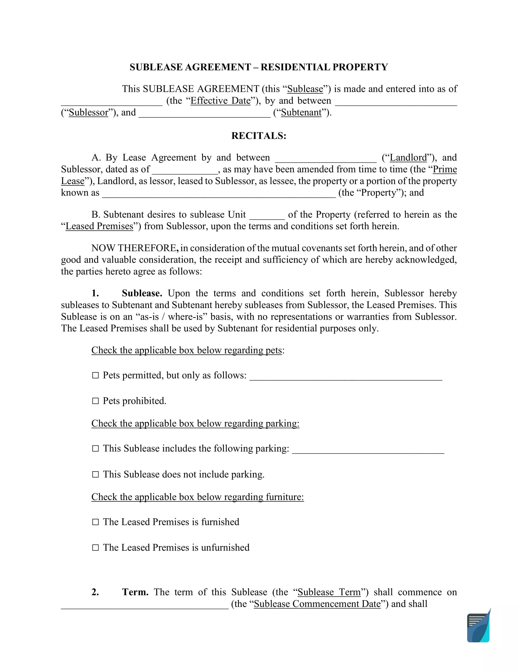 Residential Sublease Agreement Form