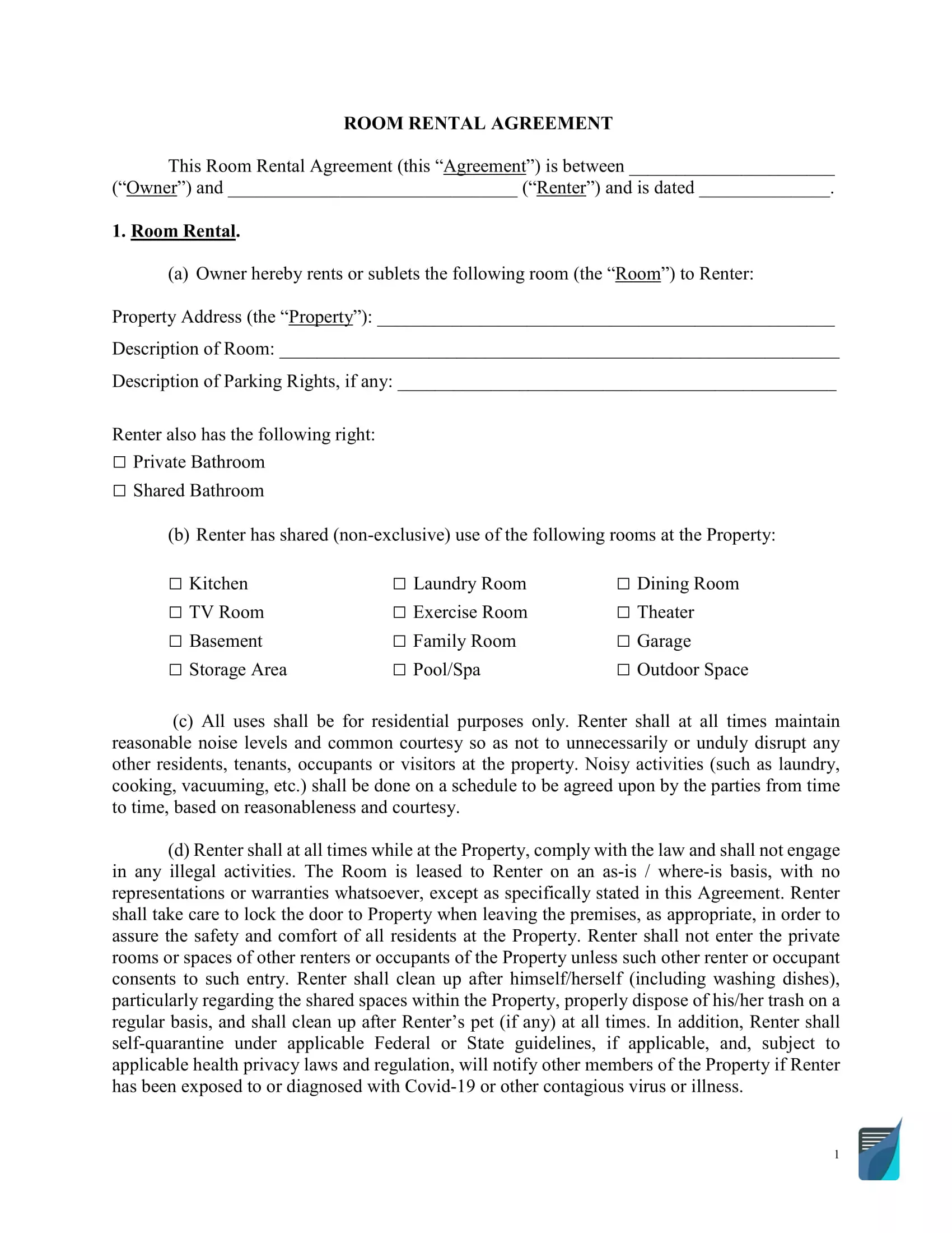 Free Room Rental Agreement Template  Room Lease Contract With Regard To private rental agreement template