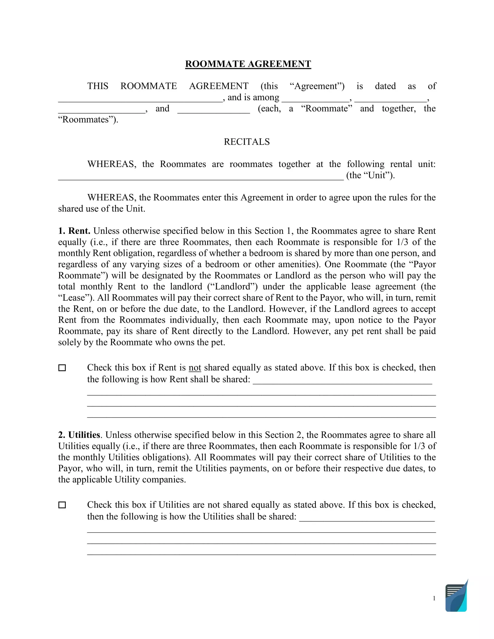 Free Roommate Agreement Template ⇒ Roommate Lease Contract