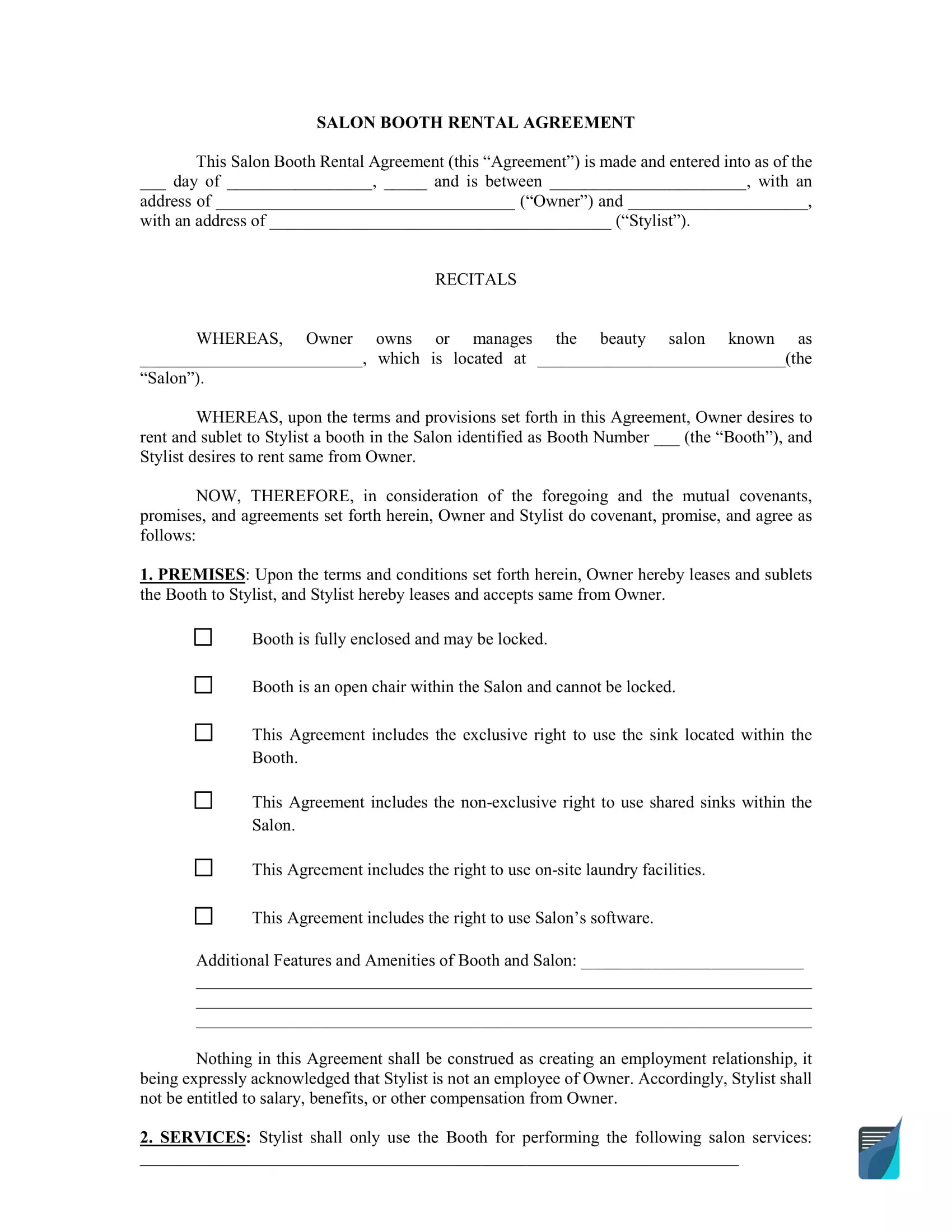 Beauty Salon Booth Rental Agreement Template