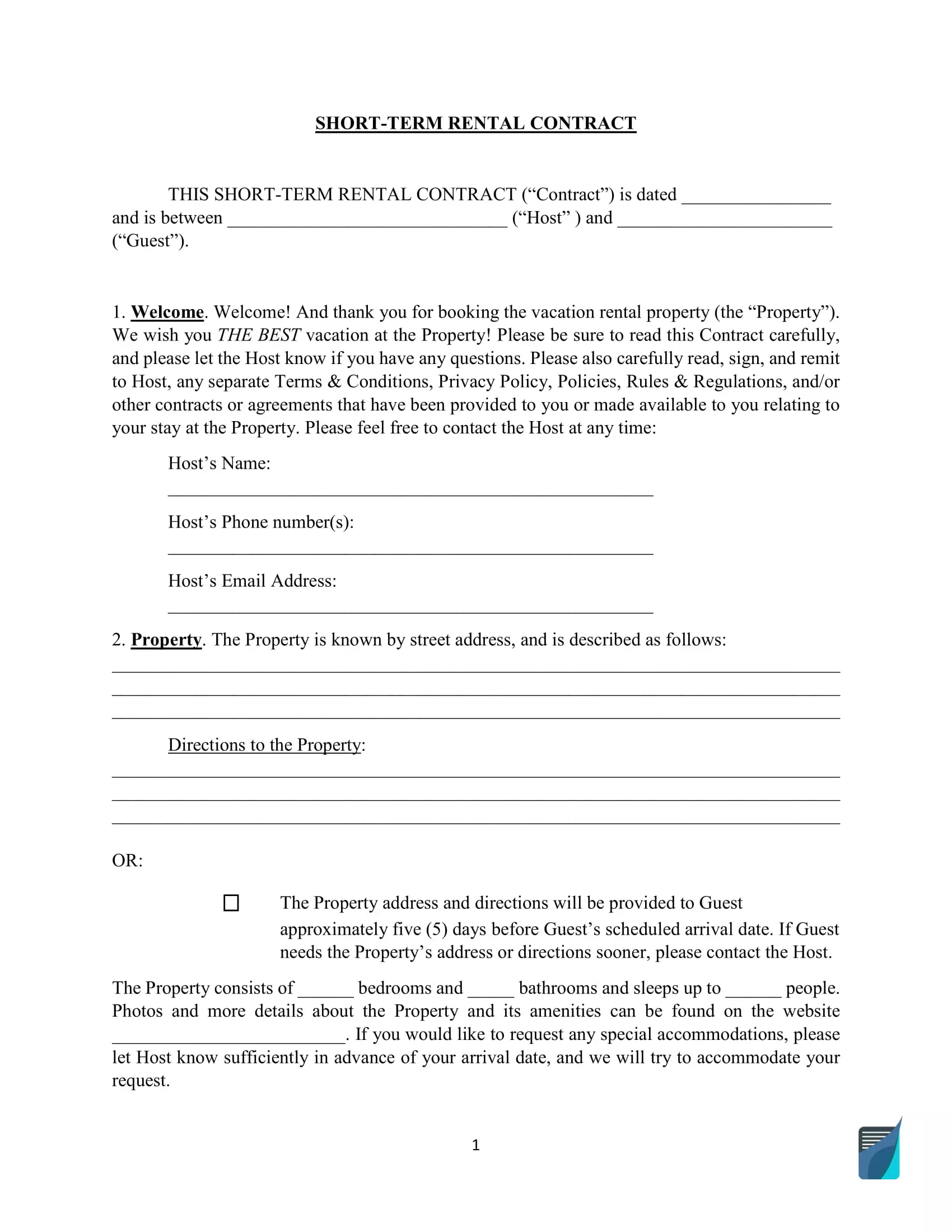 Short Term Vacation Rental Contract Form