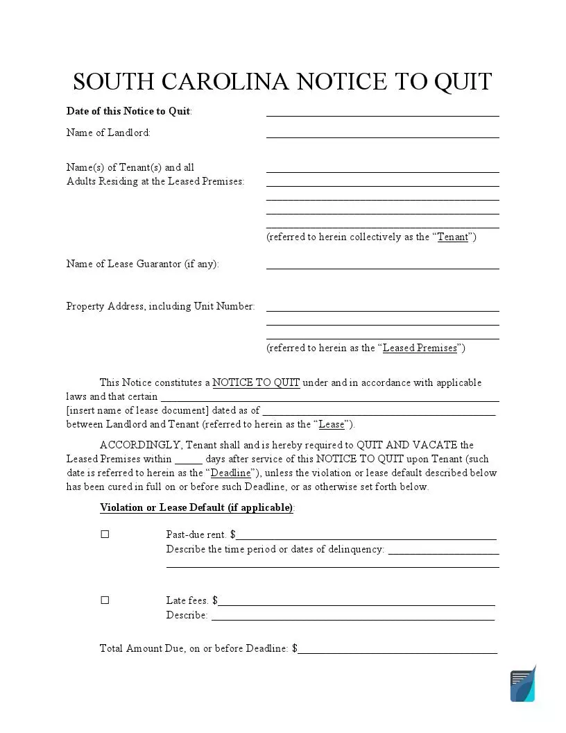 South Carolina Eviction Notice Form