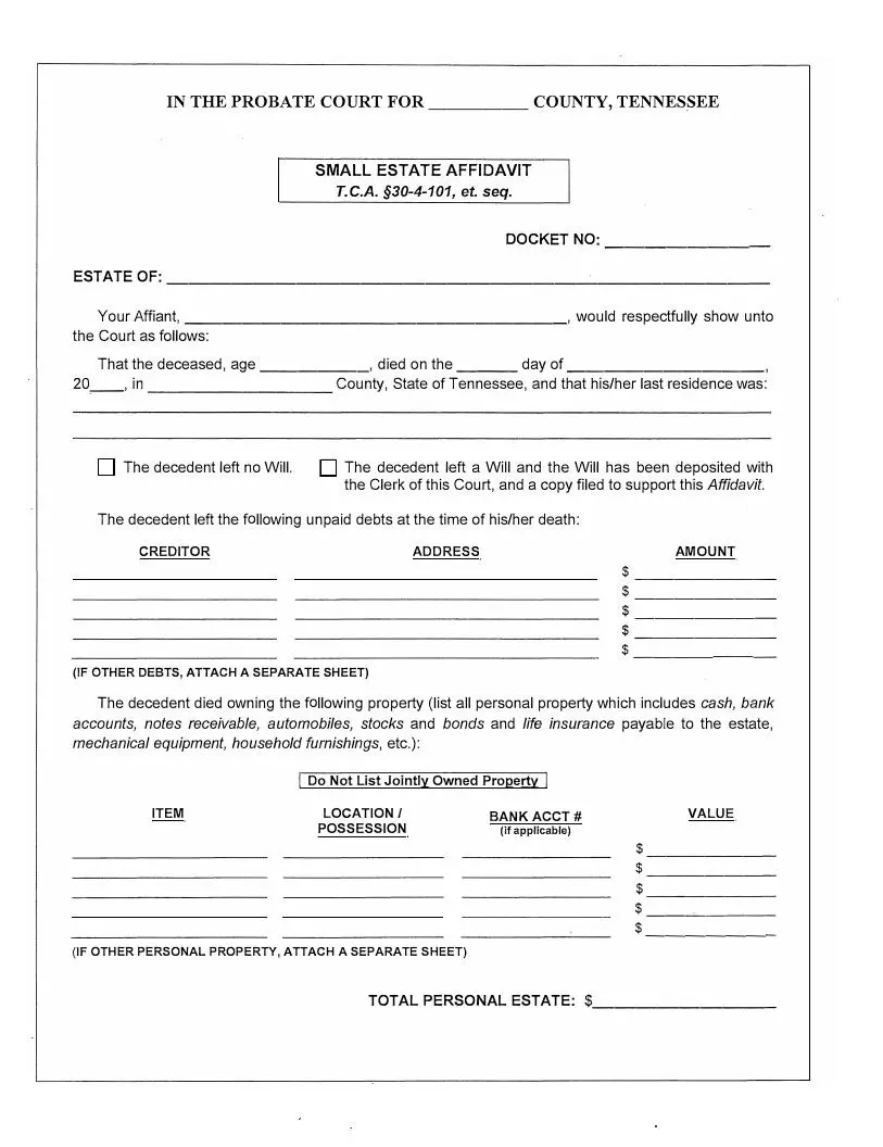 Tennessee small estate affidavit official form