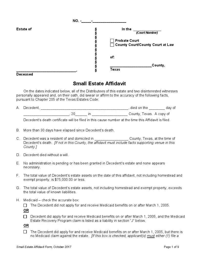 Texas small estate affidavit official form