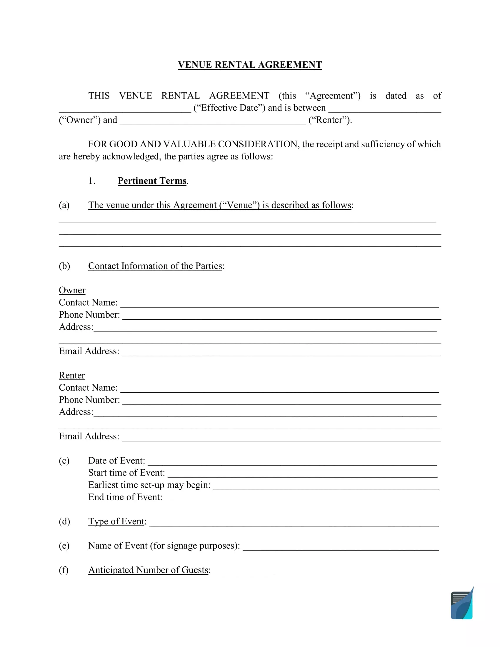 Venue Rental Agreement Form