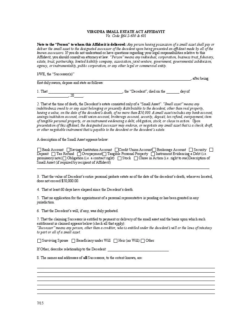 Virginia small estate affidavit official form
