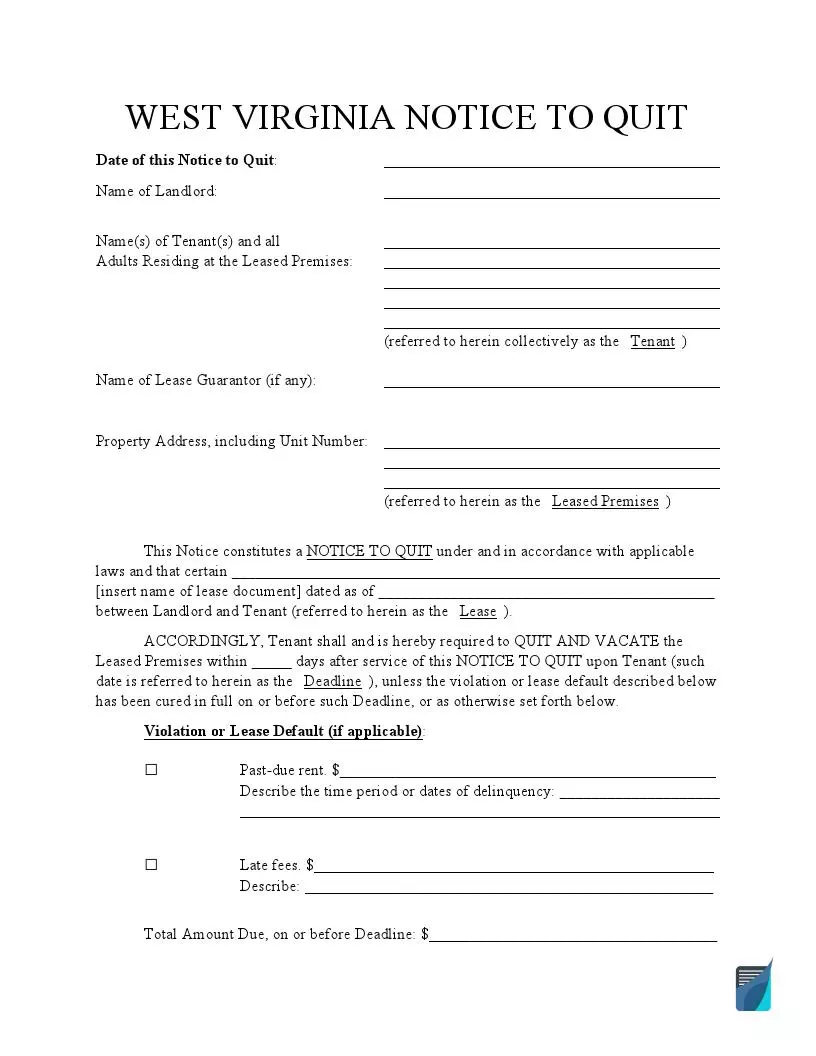 West Virginia Eviction Notice Form