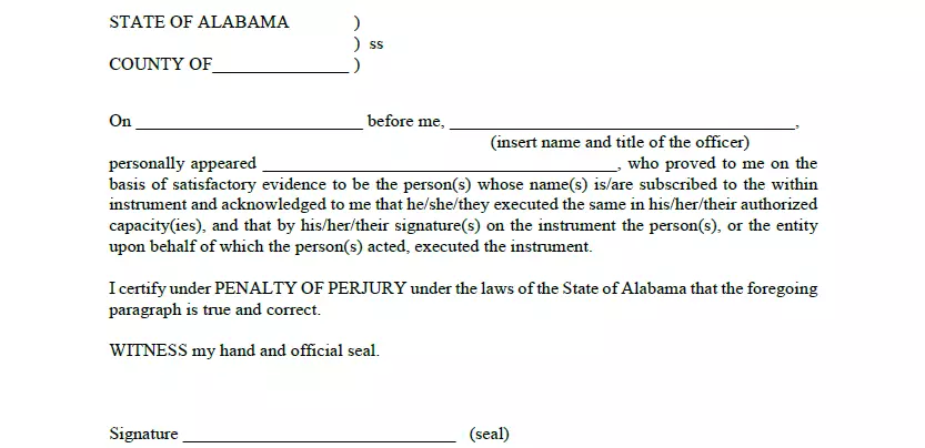 Notarization section of a document of vehicle bill of sale for Alabama