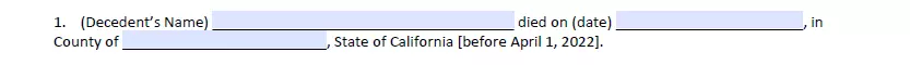 Decedent indication part of California small estate affidavit form