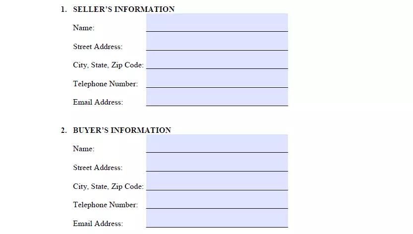 Purchaser's and seller's information indication section of bill of sale document for boat for Florida