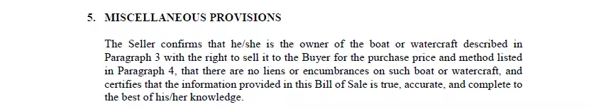 Section of miscellaneous provisions of Florida bill of sale template for boat