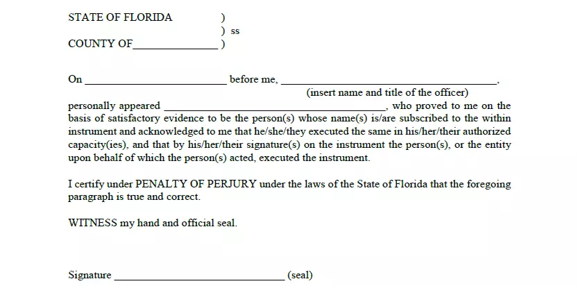 Part for notary acknowledgement of a Florida boat bill of sale template