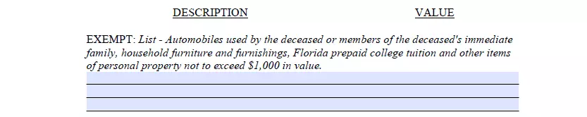 Property description section of a small estate affidavit form for Florida