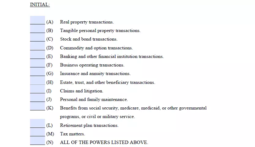Financial powers selection section of general poa form