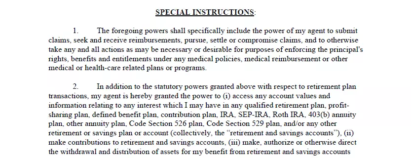 Special instructions part of general power of attorney template