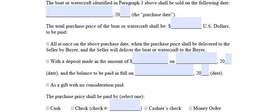 Part for specifying information about payment method and amount of bill of sale form for boat for Florida