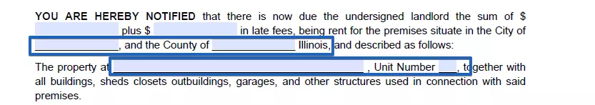 Part for entering rented premises address of a 5 day eviction notice for Illinois