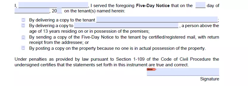 Part for filling out affidavit of service of Illinois 5 day eviction notice document