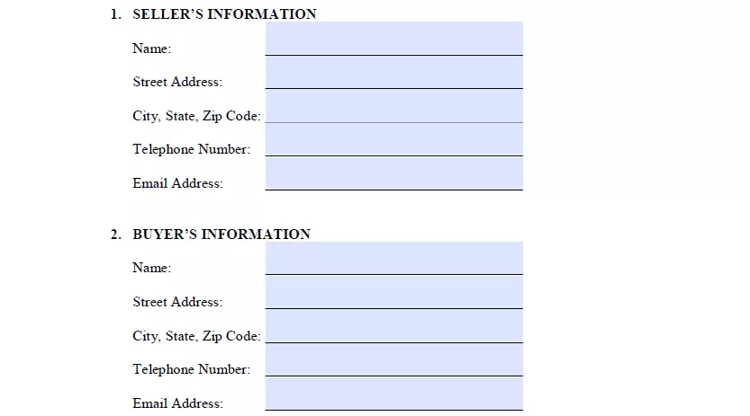 Section for typing in purchaser's and seller's details of bill of sale for car for Illinois