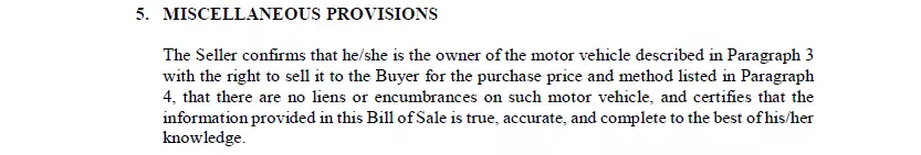 Section of miscellaneous provisions of Illinois vehicle bill of sale document