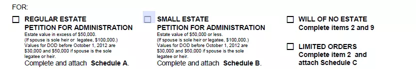 Form type choosing section of document of small estate affidavit for Maryland