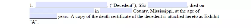 Decedent's name and SSN indication section of small estate affidavit for Mississippi