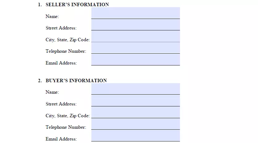 Part for typing in purchaser's and seller's specifics of New Jersey bill of sale form for vehicle