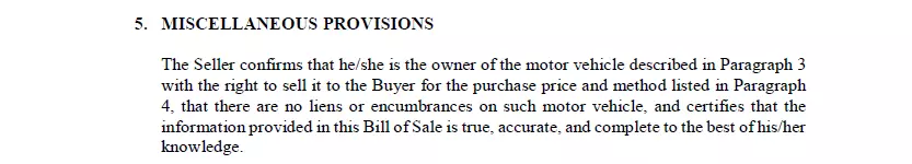Section of miscellaneous provisions of a vehicle bill of sale document for New Jersey