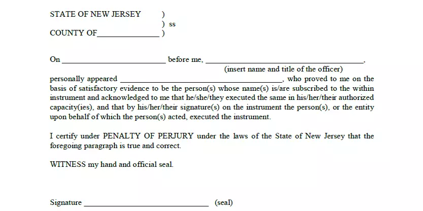 Part for notary acknowledgement of a New Jersey vehicle bill of sale form