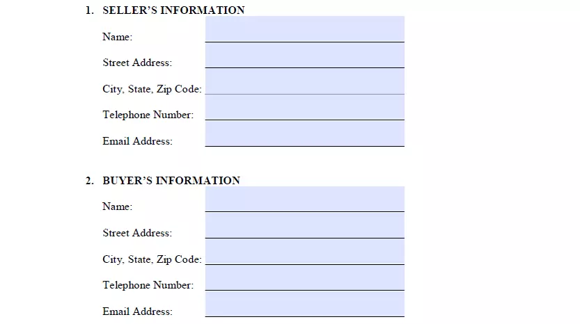 Purchaser's and seller's information indication section of vehicle bill of sale for North Carolina