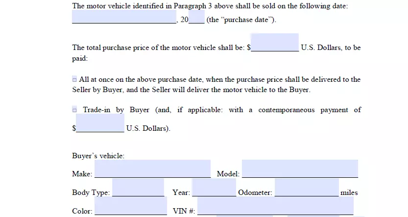 Payment method and amount indication section of North Carolina bill of sale for vehicle