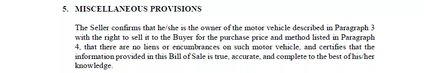 Section of miscellaneous provisions of a bill of sale form for vehicle for North Carolina