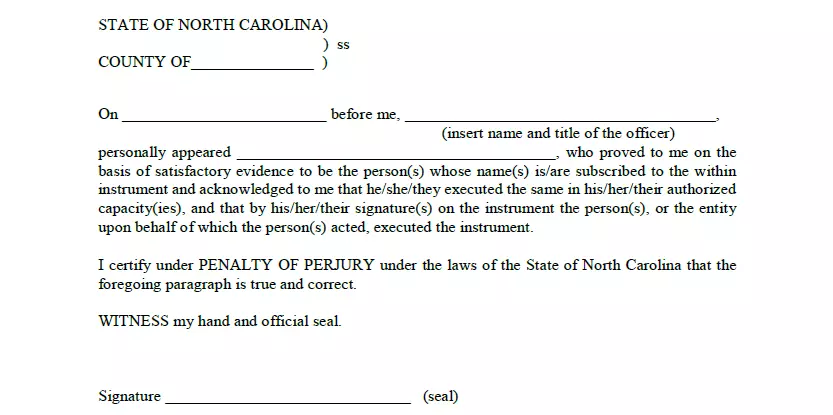 Notarization section of a North Carolina motor vehicle bill of sale template