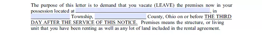 Part for specifying necessary information of 3 day eviction notice for Ohio