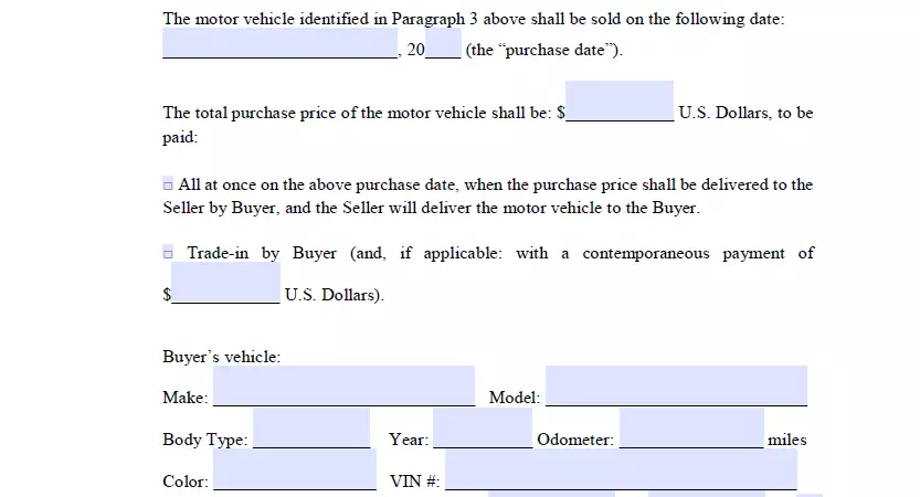 Part for specifying information about payment method and amount of Ohio bill of sale for motor vehicle
