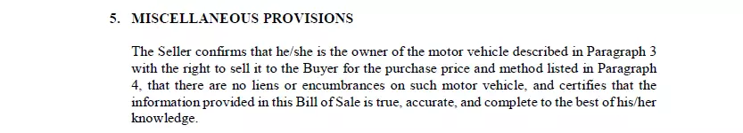 Part for miscellaneous terms of Ohio vehicle bill of sale template