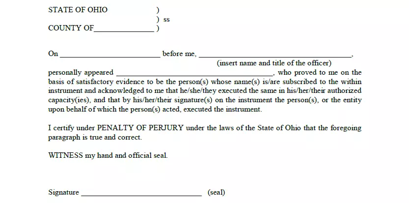 Notarization section of car bill of sale document for Ohio