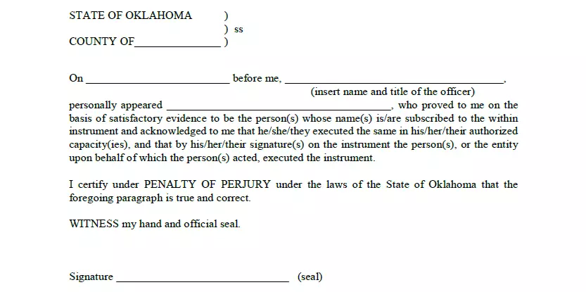 Părți pentru recunoașterea notarială a facturii de vânzare a vehiculului pentru Oklahoma
