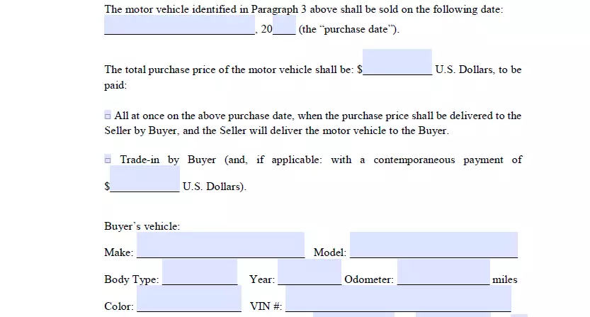 Section for information about way of receiving money of Pennsylvania motor vehicle bill of sale