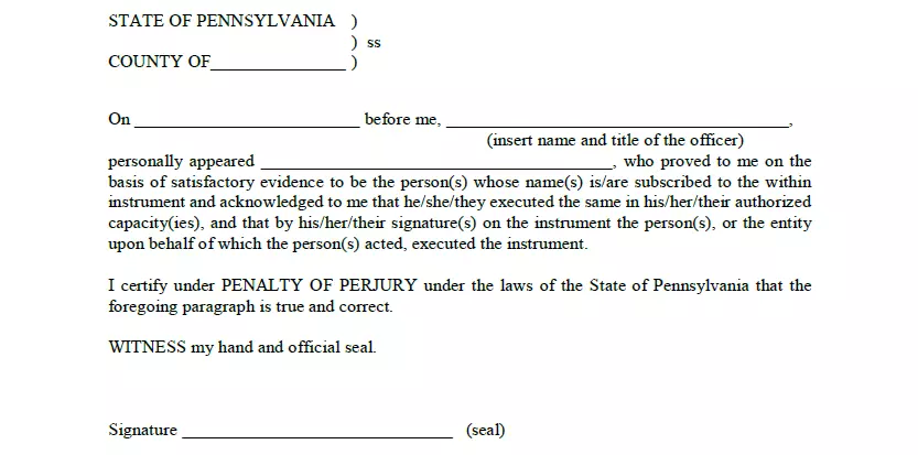 Notarization section of motor vehicle bill of sale document for Pennsylvania