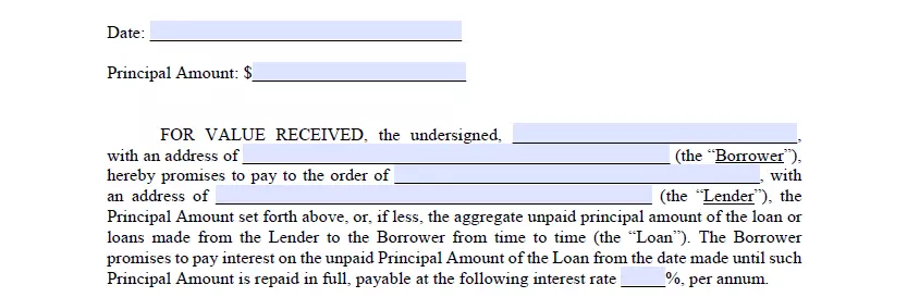 Part for entering basic info of promissory note form