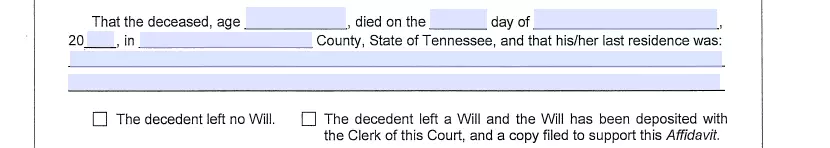 Relevant info specification part of a template of small estate affidavit for Tennessee