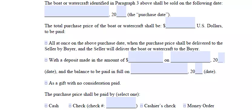 Payment method and amount indication section of boat bill of sale template for Texas