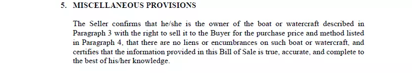 Section of miscellaneous provisions of a Texas boat bill of sale