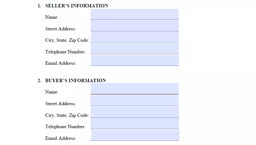 Purchaser's and seller's information indication section of a Texas firearm bill of sale document