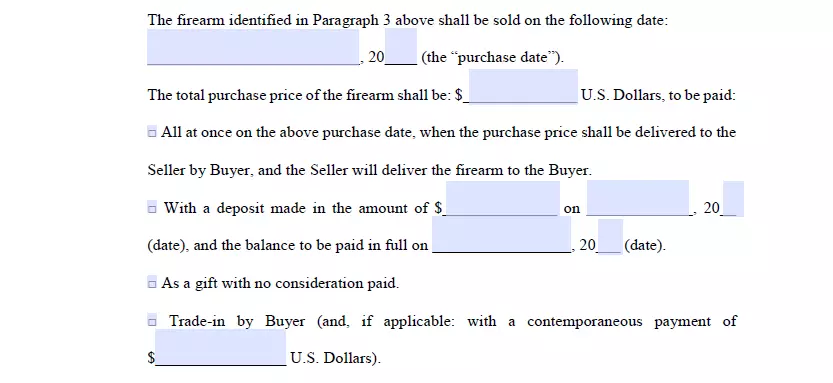 Payment method and amount indication section of a Texas firearm bill of sale form