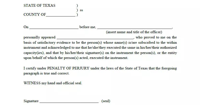 Part for notary acknowledgement of Texas bill of sale form for firearm
