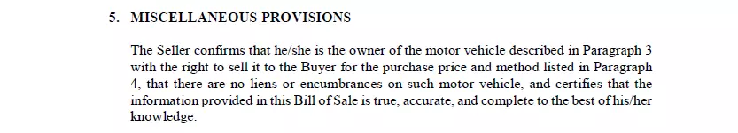 Section of miscellaneous provisions of document of bill of sale for vehicle for Texas