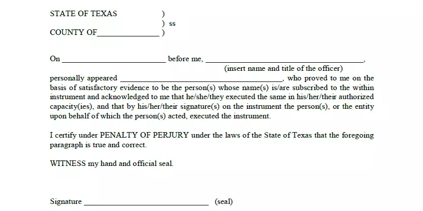Part for notary acknowledgement of a car bill of sale template for Texas